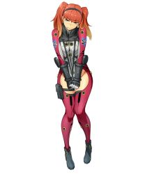 Rule 34 | 1girl, bertha bernstein, blonde hair, bodysuit, fang, full body, gloves, gradient hair, hairband, holster, long hair, looking at viewer, multicolored hair, official art, own hands together, red hair, solo, strap pull, super robot wars, super robot wars x-omega, thigh holster, transparent background, twintails, v arms, watanabe wataru (character designer)