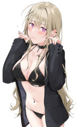Rule 34 | 1girl, absurdres, ahoge, belt collar, bikini, black bikini, black choker, black jacket, blonde hair, blush, breasts, chain, choker, cleavage, closed mouth, collar, collarbone, cowboy shot, flying sweatdrops, hair between eyes, highres, jacket, jewelry, large breasts, long hair, long sleeves, looking at viewer, nail polish, navel, navel piercing, o-ring, open clothes, open jacket, original, piercing, purple eyes, sidelocks, simple background, solo, standing, stomach, swimsuit, thighs, very long hair, white background, xretakex