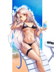 Rule 34 | 1girl, absurdres, antenna hair, azur lane, beach, beach chair, bikini, black bikini, breasts, breasts apart, brown eyes, commentary, cup, drinking glass, english commentary, unworn eyewear, hair between eyes, highres, holding, holding cup, large breasts, long hair, looking at viewer, lordol, mole, mole on breast, multicolored hair, navel, ocean, prinz eugen (azur lane), prinz eugen (unfading smile) (azur lane), red hair, silver hair, sitting, solo, streaked hair, sunglasses, swimsuit, table, thigh strap, very long hair