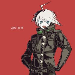 Rule 34 | 1boy, :d, ahoge, armor, black gloves, black sweater, buttons, commentary request, danganronpa (series), danganronpa v3: killing harmony, dated, gloves, grey eyes, grey hair, hands on own hips, k1-b0, kiri (2htkz), looking at viewer, male focus, open mouth, power armor, red background, short hair, simple background, smile, solo, sweater, teeth, upper body, upper teeth only