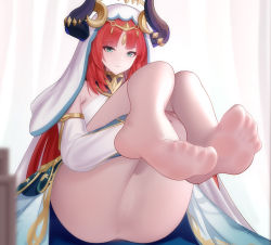 Rule 34 | 1girl, ass, cameltoe, closed mouth, feet, foot focus, full body, genshin impact, highres, hong bai, horns, legs up, long hair, looking at viewer, nilou (genshin impact), no shoes, pantyhose, presenting foot, red hair, see-through, see-through legwear, smile, soles, solo, thighs, toes, veil, white pantyhose