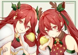 Rule 34 | 2girls, apple, atoatto, bare shoulders, cordelia (fire emblem), cordelia (winter) (fire emblem), detached sleeves, fake antlers, fire emblem, fire emblem awakening, fire emblem fates, fire emblem heroes, food, fruit, fur trim, gloves, golden apple, hair between eyes, hair ornament, hair ribbon, holding, holding food, holding fruit, long hair, looking at viewer, mother and daughter, multiple girls, nintendo, official alternate costume, quilted clothes, red eyes, red gloves, red hair, ribbon, selena (fire emblem fates), selena (winter) (fire emblem fates), severa (fire emblem), signature, smile, twintails, twitter username, upper body