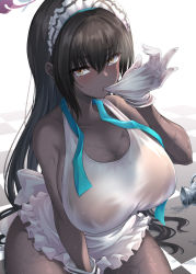 Rule 34 | 1girl, ahoge, aqua ribbon, bare shoulders, black hair, blue archive, blush, breasts, checkered floor, cleavage, collarbone, covered erect nipples, dark-skinned female, dark skin, frilled shirt, frills, gloves, hair between eyes, halo, headdress, highres, karin (blue archive), large breasts, long hair, looking at viewer, mouth hold, no pants, on floor, oonaka ito, pitcher (container), ribbon, see-through, shirt, sidelocks, sitting, sleeveless, solo, tan, thighs, wet, wet clothes, white gloves, white ribbon, white shirt, yellow eyes