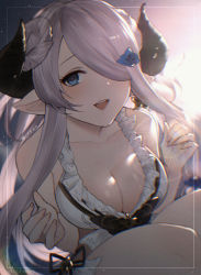Rule 34 | 1girl, 2020, :d, artist name, bad id, bad pixiv id, bikini, blue eyes, breasts, cleavage, collarbone, dated, floating hair, granblue fantasy, highres, horns, kiri ph, long hair, looking at viewer, medium breasts, narmaya (granblue fantasy), narmaya (summer) (granblue fantasy), open mouth, parted bangs, pointy ears, silver hair, smile, solo, swimsuit, twitter username, very long hair, white bikini