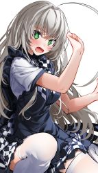 Rule 34 | 1girl, ahoge, apron, black apron, blush, checkered clothes, checkered ribbon, checkered skirt, clenched hand, embarrassed, frilled apron, frills, green eyes, haiyore! nyaruko-san, hands up, highres, long hair, looking at viewer, multicolored clothes, multicolored skirt, nyarlathotep (nyaruko-san), open mouth, ribbon, shirt, short sleeves, skirt, solo, thighhighs, white background, white hair, white shirt, white thighhighs, xretakex