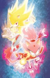 Rule 34 | 1boy, 1girl, absurdres, blaze the cat, burning blaze, cat girl, cat tail, eyelashes, fire, fireball, forehead jewel, gloves, gold necklace, highres, jacket, jewelry, necklace, pants, pink footwear, pink fur, ponytail, red eyes, red footwear, red jacket, sonic (series), sonic rush, sonic rush adventure, sonic the hedgehog, super sonic, tail, tracy yardley, white pants, yellow eyes, yellow fur