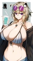 Rule 34 | 1girl, :3, animal ear fluff, animal ears, aqua nails, arknights, bare shoulders, bikini, bikini top only, border, braid, breasts, cleavage, closed mouth, cup, denim, denim shorts, doctor (arknights), drink, drinking glass, drinking straw, eyewear on head, fingernails, gin moku, groin, hair ornament, hairclip, highres, holding, holding cup, huge breasts, ice, ice cube, jacket, jewelry, light brown hair, looking at viewer, medium hair, navel, off shoulder, official alternate costume, open clothes, open jacket, outside border, pendant, purple eyes, sharp fingernails, shorts, simple background, smile, solo, striped bikini, striped clothes, sunglasses, swimsuit, twin braids, upper body, utage (arknights), utage (summer flowers) (arknights), vertical-striped bikini, vertical-striped clothes, white border