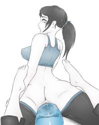 Rule 34 | 1girl, anus, ass, black hair, breasts, dildo, female focus, imp (impractical), impracticalart, nintendo, ponytail, pussy, sex toy, simple background, solo, toy, uncensored, vaginal, white background, white eyes, wii fit, wii fit trainer, wii fit trainer (female)