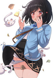 Rule 34 | 1girl, animal, black hair, black skirt, blue bow, blue jacket, blue sailor collar, blush, bow, bow panties, breasts, cheese, clothes lift, commentary request, convenient censoring, flying sweatdrops, food, granblue fantasy, groin, hair ornament, hands up, hekomii, highres, jacket, leaf, lifting another&#039;s clothes, long sleeves, mouse (animal), panties, panty lift, pleated skirt, red eyes, sailor collar, shirt, short hair, simple background, skirt, skirt lift, small breasts, solo, standing, thighhighs, underwear, vikala (granblue fantasy), white background, white panties, white shirt, white thighhighs, wind, wind lift, zettai ryouiki
