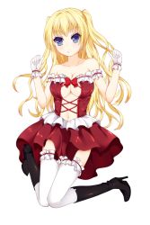 Rule 34 | 1girl, :o, bare shoulders, black footwear, blonde hair, blue eyes, blush, boots, bow, breasts, center opening, cleavage, collarbone, commentary request, cross-laced clothes, dress, enu naitsu, frilled dress, frilled gloves, frilled thighhighs, frills, full body, gloves, high heel boots, high heels, jumping, knee boots, knees together feet apart, large breasts, long hair, looking at viewer, navel, original, red bow, red dress, short dress, simple background, solo, thighhighs, tsurime, two side up, very long hair, w arms, wavy hair, white background, white gloves, white thighhighs