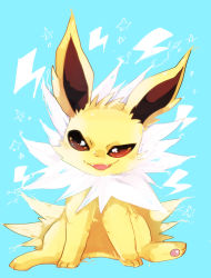 Rule 34 | :3, animal focus, bad id, bad pixiv id, banchiku, blue background, blush, brown eyes, creatures (company), electricity, fangs, full body, game freak, gen 1 pokemon, happy, head tilt, highres, jolteon, light blush, lightning bolt symbol, looking at viewer, nintendo, no humans, open mouth, pawpads, pokemon, pokemon (creature), simple background, sitting, smile, solo, spread legs, straight-on, uneven eyes