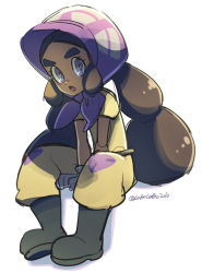 Rule 34 | 1girl, :o, bonnet, boots, bright pupils, brown hair, commentary, creatures (company), eyelashes, full body, game freak, gloves, grey gloves, hapu (pokemon), jumpsuit, long hair, looking at viewer, momoji (lobolobo2010), nintendo, open mouth, pokemon, pokemon sm, purple eyes, purple headwear, short sleeves, sitting, solo, thick eyebrows, tongue, twintails, twitter username, white pupils, yellow jumpsuit