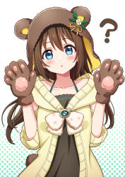 Rule 34 | 1girl, :o, ?, animal hood, arms up, bare shoulders, bear hood, bear paws, bear tail, black dress, blue eyes, blush, bow, brooch, brown hair, coat, commentary request, deadnooodles, dress, flower, green background, highres, hood, jewelry, long hair, long sleeves, looking at viewer, love live!, love live! nijigasaki high school idol club, osaka shizuku, parted lips, polka dot, polka dot background, polka dot bow, ribbon, simple background, solo, spaghetti strap, tail, upper body, white background, white bow, white flower, yellow coat, yellow ribbon