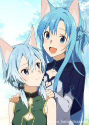 Rule 34 | 2girls, absurdres, aco (bearchannel), animal ears, artist name, asuna (sao-alo), black ribbon, blue capelet, blue eyes, blue hair, braid, breasts, capelet, cat ears, cleavage, cleavage cutout, closed mouth, clothing cutout, collar, collarbone, eye contact, french braid, hair between eyes, hair ribbon, hands on another&#039;s shoulders, highres, kemonomimi mode, long hair, long sleeves, looking at another, looking up, medium breasts, multiple girls, ribbon, shirt, short hair with long locks, sidelocks, sinon (sao-alo), sleeveless, smile, sword art online, upper body, white shirt