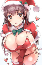 Rule 34 | 1girl, :o, bikini, blush, breast lift, breasts, breath, brown eyes, brown hair, capelet, christmas, fur trim, gloves, hat, heart, large breasts, leaning forward, long hair, looking at viewer, open mouth, original, pom pom (clothes), red bikini, red gloves, red thighhighs, santa costume, santa hat, shimazu tekkou, side-tie bikini bottom, simple background, solo, swimsuit, teeth, thighhighs, thighs, white background