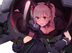 Rule 34 | 1girl, animal ears, black cat d.va, black gloves, blush, breasts, breath, brown eyes, cat ears, cleavage, d.va (overwatch), earrings, facial mark, fake animal ears, fang, finger on trigger, gloves, grey hair, hair ornament, heart, heart earrings, heavy breathing, highres, jewelry, large breasts, lino chang, overwatch, overwatch 1, parted lips, riding, short twintails, solo, sweat, twintails