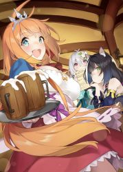 Rule 34 | 3girls, 92m, ahoge, alcohol, animal ear fluff, animal ears, antenna hair, beer, beer mug, black hair, blue eyes, blush, braid, breasts, cat ears, cat girl, cleavage, commentary, covering own mouth, cup, detached sleeves, dress, dutch angle, elbow rest, elf, flower, foam, frown, green dress, green eyes, hair between eyes, hair flower, hair ornament, hair ribbon, hand on own cheek, hand on own face, happy, head rest, highres, holding, holding paper, inn, karyl (princess connect!), kokkoro (princess connect!), large breasts, long hair, looking at viewer, low twintails, mug, multicolored hair, multiple girls, orange hair, paper, pecorine (princess connect!), pink eyes, pointy ears, princess connect!, red ribbon, ribbon, round teeth, short hair, side braid, sideways glance, sitting, skirt, sleeveless, sleeveless dress, symbol-only commentary, table, tankard, teeth, tiara, tray, twintails, upper teeth only, white flower, white hair