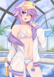 Rule 34 | 1girl, bikini, blush, breasts, collarbone, commentary, dura, hair between eyes, hair ornament, highres, looking at viewer, navel, neptune (neptunia), neptune (series), purple eyes, purple hair, short hair, sitting, small breasts, smile, solo, swimsuit, water gun, wet, wet clothes