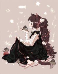 Rule 34 | 1girl, animal, animal ears, barefoot, black dress, brown background, brown eyes, brown hair, cat ears, cat girl, cat tail, collared shirt, dress, fish, flower, from side, full body, hair flower, hair ornament, highres, holding, long hair, long sleeves, looking at viewer, mouse (animal), original, pinafore dress, ponytail, profile, red ribbon, ribbon, shirt, simple background, sion 0d1m, sitting, sleeveless, sleeveless dress, soles, solo, star (symbol), tail, text hair ornament, toes, very long hair, white flower, white shirt