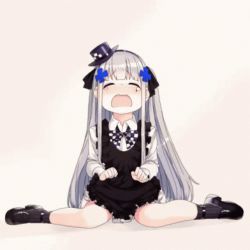 1girl animated animated_gif blush closed_eyes crying female_focus full_body girls&#039;_frontline hk416_(girls&#039;_frontline) lowres simple_background sitting solo tears wariza