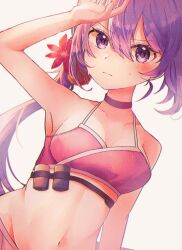 Rule 34 | 1girl, akebono (kancolle), alternate breast size, bare arms, bare shoulders, bell, bikini, black choker, blush, choker, closed mouth, flower, hair bell, hair between eyes, hair flower, hair ornament, jingle bell, kantai collection, long hair, looking at viewer, navel, official alternate costume, purple bikini, purple eyes, purple hair, red flower, side ponytail, simple background, solo, swimsuit, upper body, white background, yukikaze2828