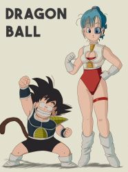 Rule 34 | 1boy, 1girl, alternate costume, arm up, armor, black hair, blue-tinted eyewear, blue hair, boots, bracer, breasts, bulma, cleavage, cleavage cutout, clenched hands, clenched teeth, closed mouth, clothing cutout, copyright name, dragon ball, dragon ball (classic), dragonball z, full body, gloves, grin, hand on own hip, hand up, head tilt, height difference, highres, leotard, looking at viewer, medium breasts, monkey tail, red leotard, saiyan, saiyan armor, salvamakoto, scouter, short hair, simple background, size difference, smile, son goku, standing, tail, teenage girl and younger boy, teeth, tinted eyewear, white background, white footwear, white gloves, wide-eyed