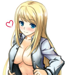 Rule 34 | 1girl, blonde hair, blue eyes, blush, breasts, chloe lemaire, gayprince, girlfriend (kari), heart, long hair, no bra, open clothes, open shirt, shirt, simple background, smile, solo, very long hair, white background