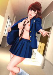 Rule 34 | 1girl, bare legs, blush, breasts, breasts out, brown hair, female focus, highres, indoors, ironsugar, jacket, leg warmers, long hair, looking at viewer, necktie, nipples, no bra, one eye closed, open clothes, open jacket, open mouth, original, ponytail, purple eyes, school uniform, skirt, smile, solo, standing, standing on one leg, v, wink