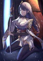 Rule 34 | 1girl, absurdres, blush, braid, breasts, cleavage, genshin impact, groin, heiyulingkong, highres, holding, holding sword, holding weapon, japanese clothes, kimono, large breasts, long hair, low-braided long hair, low-tied long hair, purple eyes, purple hair, raiden shogun, solo, sword, thighhighs, weapon, wide sleeves