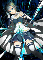 Rule 34 | 10s, 1girl, blue eyes, blue hair, bubble, cape, fortissimo, gloves, grief seed, hair ornament, looking at viewer, lying, magical girl, mahou shoujo madoka magica, mahou shoujo madoka magica (anime), matching hair/eyes, miki sayaka, musical note, musical note hair ornament, on back, short hair, skirt, smile, solo, tears, thigh strap, thighhighs, unasaka ryou, water, white gloves, white thighhighs