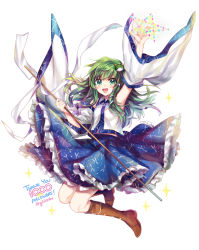 Rule 34 | 1girl, arm up, blush, boots, detached sleeves, english text, frog hair ornament, gohei, green eyes, green hair, hair ornament, hair tubes, japanese clothes, jumping, kochiya sanae, long hair, long sleeves, looking at viewer, matching hair/eyes, miko, oonusa, open mouth, shirt, simple background, skirt, smile, snake hair ornament, solo, sparkle, star (symbol), text focus, thank you, touhou, twitter username, upskirt, white background, wide sleeves, yuli (yulipo)