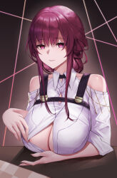 Rule 34 | 1girl, absurdres, bare shoulders, breasts, cleavage, collared shirt, commentary, english commentary, gradient background, hair between eyes, hair intakes, highres, honkai: star rail, honkai (series), jin mu mulin, kafka (honkai: star rail), large breasts, long hair, looking at viewer, open clothes, open shirt, parted lips, pink background, purple eyes, purple hair, shirt, sidelocks, smile, solo, steaming body, string, white shirt