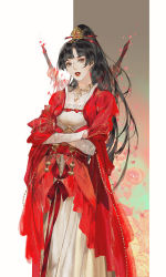 Rule 34 | 1girl, artist request, black hair, character request, copyright request, crossed arms, dress, hair ornament, ibuki satsuki, jianxia qingyuan (series), jianxia qingyuan online 3, looking at viewer, open mouth, ponytail, red dress, red theme, ribbon, solo, sword, teeth, upper body, weapon