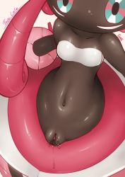 Rule 34 | 1girl, absurdres, artist request, bare shoulders, black eyes, blue sclera, breasts, character name, clitoris, collarbone, colored sclera, creatures (company), dark skin, english text, game freak, gen 7 pokemon, highres, legendary pokemon, looking at viewer, navel, nintendo, no humans, no mouth, pink hair, pink sclera, pokemon, pokemon (creature), pokemon sm, pussy, pussy juice, shiny skin, signature, simple background, small breasts, strapless, tapu lele, text focus, tube top, white background, white tube top
