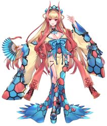 Rule 34 | 1girl, asymmetrical legwear, blonde hair, blue bow, bow, breasts, bright pupils, cleavage, creatures (company), dress, fingernails, folding fan, full body, game freak, gen 3 pokemon, gradient hair, gradient horns, hair bow, hair rings, hand fan, holding, holding fan, horns, katagiri hachigou, large breasts, long hair, long sleeves, milotic, mole, mole under mouth, multicolored hair, multicolored horns, nail polish, nintendo, open mouth, personification, pink bow, pink eyes, pink hair, pink horns, pink nails, platform footwear, pokemon, simple background, smile, solo, tassel, two-tone hair, two-tone horns, uneven legwear, very long hair, white background, white pupils, wide sleeves, yellow horns