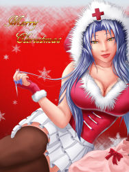 Rule 34 | 1girl, 7/11 (fukuso), bare shoulders, black thighhighs, bow, breasts, cleavage, collarbone, come hither, cross, fur trim, gloves, hood, hoodie, large breasts, layered skirt, long hair, looking at viewer, merry christmas, mature female, nail polish, parted lips, red bow, red lips, red nails, sack, santa gloves, silver hair, sitting, skirt, smile, snowflake background, solo, thighhighs, touhou, tsurime, white skirt, yagokoro eirin, yellow eyes, yokozuwari, zettai ryouiki