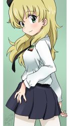 Rule 34 | 1girl, anzio school uniform, artist name, beret, black hat, black necktie, black skirt, blonde hair, carpaccio (girls und panzer), closed mouth, commentary request, dated, dress shirt, emblem, fanta (the banana pistols), from behind, full body, girls und panzer, green background, green eyes, hat, highres, long hair, long sleeves, looking at viewer, looking back, miniskirt, necktie, pantyhose, pillarboxed, pleated skirt, school uniform, shirt, signature, skirt, smile, solo, standing, white pantyhose, white shirt