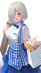 Rule 34 | 1girl, absurdres, apron, bag, blue apron, blue eyes, blue skirt, blush, bread, breasts, collared shirt, commission, food, gradient background, grey hair, hair ornament, hair over one eye, hairclip, hamakaze (kancolle), highres, holding, holding bag, kantai collection, kobeya uniform, kokenashi, large breasts, open mouth, shirt, short hair, short sleeves, skeb commission, skirt, smile, solo, white shirt