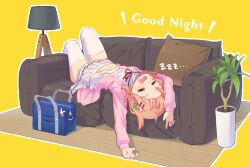 Rule 34 | 1girl, bag, blush, breasts, cardigan, closed eyes, commentary, couch, cushion, drooling, english text, facing viewer, floor lamp, full body, gochuumon wa usagi desu ka?, hair ornament, hairclip, heart pin, hoto cocoa, hoto cocoa&#039;s school uniform, lamp, long sleeves, lying, midriff peek, miniskirt, mohei, mouth drool, navel, neck ribbon, on couch, open mouth, orange hair, outline, pin, pink cardigan, plant, pleated skirt, potted plant, rabbit pin, red ribbon, ribbon, sailor collar, school bag, school uniform, serafuku, shirt, short hair, simple background, single stripe, skirt, sleeping, small breasts, solo, thighhighs, thighs, white outline, white sailor collar, white shirt, white skirt, white thighhighs, wooden floor, yellow background, zettai ryouiki, zzz