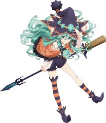 Rule 34 | 1girl, asymmetrical legwear, black shorts, broom, broom riding, date a live, full body, gem, green eyes, green gemstone, green hair, hat, high heels, holding, holding clothes, holding hat, long hair, long sleeves, natsumi (date a live), official art, puffy sleeves, shorts, smile, socks, solo, striped clothes, striped socks, tachi-e, transparent background, uneven legwear, witch hat