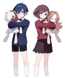 Rule 34 | aged down, black shorts, blue eyes, blue hair, blue jacket, brown hair, closed mouth, collared shirt, hair between eyes, highres, holding, holding stuffed toy, jacket, kneehighs, long sleeves, looking at viewer, orpheus (persona), persona, persona 3, persona 3 portable, pleated skirt, red eyes, shiomi kotone, shirt, short hair, shorts, simple background, skirt, socks, stuffed toy, uxco0, white background, white shirt, white socks, yuuki makoto (persona 3)