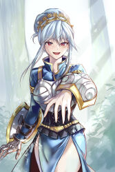 Rule 34 | 1girl, arm shield, armor, armored dress, blue dress, blue hair, blush, braid, braided bun, breastplate, buckler, clasp, commentary request, crown, dress, earrings, eyelashes, foreshortening, gauntlets, hair between eyes, hair bun, hairband, happy, highres, jewelry, light blue hair, long hair, looking at viewer, mintes, open mouth, red eyes, shield, single gauntlet, smile, solo, solo focus, standing, thighs, tree, unicorn overlord, virginia (unicorn overlord)