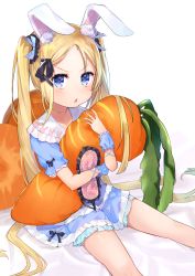 Rule 34 | 1girl, animal ear fluff, animal ears, bed sheet, black ribbon, blonde hair, blue dress, blue eyes, blue sleeves, blush, collar, collarbone, collared dress, commentary request, detached sleeves, dress, frilled collar, frilled dress, frills, hair ribbon, highres, long hair, hugging object, omelet tomato, original, parted bangs, parted lips, puffy short sleeves, puffy sleeves, rabbit ears, ribbon, short sleeves, sitting, solo, stuffed carrot, stuffed toy, teeth, twintails, upper teeth only, v-shaped eyebrows, very long hair