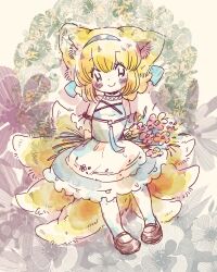 Rule 34 | 1girl, animal ears, arknights, arms behind back, bare shoulders, blonde hair, blue dress, blue hairband, blush, bouquet, brown footwear, closed mouth, clothing cutout, commentary request, dress, flower, fox ears, fox girl, fox tail, full body, hairband, highres, infection monitor (arknights), kitsune, kyuubi, looking at viewer, mary janes, momomomowan, multiple tails, original, shoes, short hair, shoulder cutout, smile, solo, standing, suzuran (arknights), tail