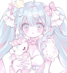 Rule 34 | 1girl, :o, blue bow, blue eyes, blue hair, bow, breasts, cleavage, frilled sleeves, frills, hair bow, hair intakes, hair ornament, hairclip, hatsune miku, highres, holding, holding stuffed toy, long hair, looking at viewer, medium breasts, mipi (u3u 00), multicolored hair, parted lips, pink bow, pink hair, puffy short sleeves, puffy sleeves, short sleeves, simple background, sketch, solo, streaked hair, stuffed animal, stuffed toy, stuffed unicorn, twintails, upper body, vocaloid, white background