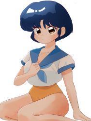 Rule 34 | 1girl, blue hair, blue ribbon, blue sailor collar, breasts, brown eyes, cleavage, closed mouth, cmhr2874, hand on floor, hand on own chest, large breasts, medium breasts, ranma 1/2, ribbon, sailor collar, short hair, simple background, solo, tendou akane, white background