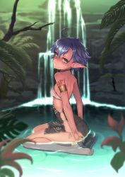 Rule 34 | 1girl, ahoge, animal ears, arched back, arm tattoo, armlet, arms at sides, bad id, bad pixiv id, bandeau, bare legs, bare shoulders, bare tree, barefoot, black skirt, blue hair, blurry, blurry foreground, blush, breasts, closed mouth, depth of field, elf, from side, full body, green eyes, halterneck, looking at viewer, looking to the side, no panties, nose blush, original, outdoors, pointy ears, pond, rock, ryuinu, short hair, sideboob, sitting, skirt, small breasts, solo, tattoo, tree, wariza, water, waterfall