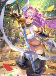 Rule 34 | 1girl, armlet, bare shoulders, blush, bracelet, braid, breasts, cleavage, commentary request, company name, confetti, copyright name, dancer, dancing, detached sleeves, fire emblem, fire emblem awakening, fire emblem cipher, glint, hair between eyes, hairband, harem pants, high ponytail, hmk84, holding, holding sword, holding weapon, jewelry, large breasts, long hair, midriff, nintendo, official art, olivia (fire emblem), pants, pink hair, solo, standing, sword, thighhighs, twin braids, weapon, white thighhighs