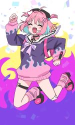 Rule 34 | 1girl, ahoge, arm up, backpack, bag, bandaid, bandaid hair ornament, black hat, black legwear, blue hair, blush stickers, choker, closed eyes, collar, commentary, flame print, frilled collar, frills, hair ornament, hat, heart, heart choker, heart print, high heels, highres, idolmaster, idolmaster cinderella girls, knee pads, long sleeves, multicolored hair, o-ring, official alternate costume, open mouth, pink background, pink footwear, pink hair, pink legwear, purple background, raised eyebrows, smile, solo, sukoyaka (100hituzi), symbol-only commentary, thigh strap, thighs, two-tone hair, white background, x hair ornament, yellow background, yumemi riamu
