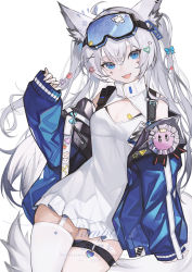 Rule 34 | 1girl, ahoge, animal ear fluff, animal ears, blue eyes, blue jacket, bow, breasts, cleavage, commission, copyright request, dress, fanshu, fingernails, garter straps, goggles, goggles on head, grey hair, hair between eyes, hair bow, hair ornament, heart, heart hair ornament, highres, jacket, long hair, long sleeves, looking at viewer, open mouth, pill hair ornament, sample watermark, simple background, sleeves past wrists, small breasts, smile, solo, star (symbol), star hair ornament, tail, thighhighs, virtual youtuber, watermark, white background, white dress, white thighhighs, x hair ornament